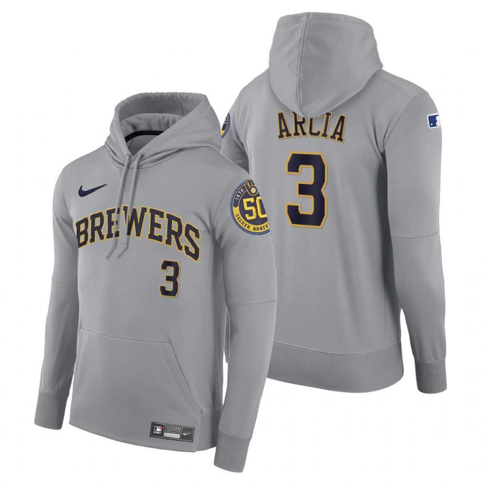 Men Milwaukee Brewers 3 Arcia gray road hoodie 2021 MLB Nike Jerseys